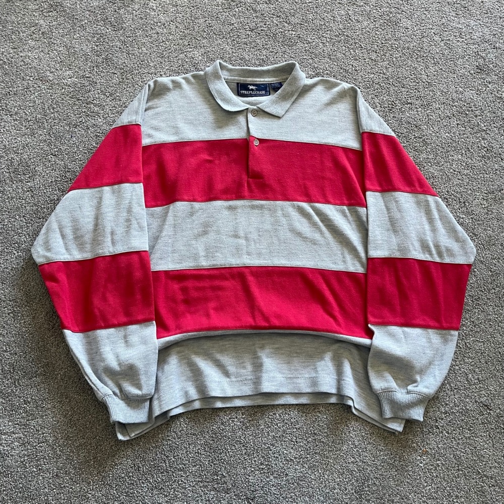 Mens Steeplechase Long Sleeve Polo Large Grey Red Excellent Striped Rugby Shirt